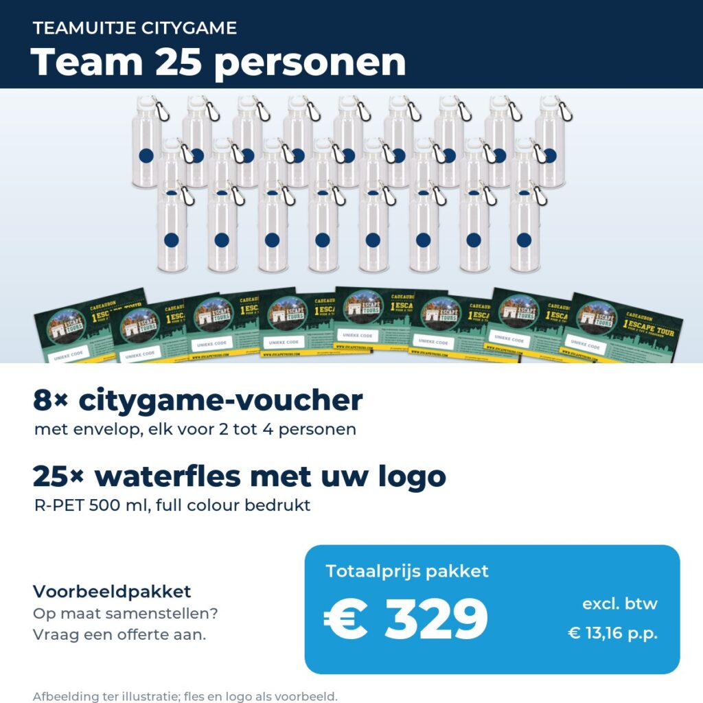 Teamuitje voor 25 personen: 8 citygame-vouchers en 25 waterflessen met logo, 329 euro excl. btw