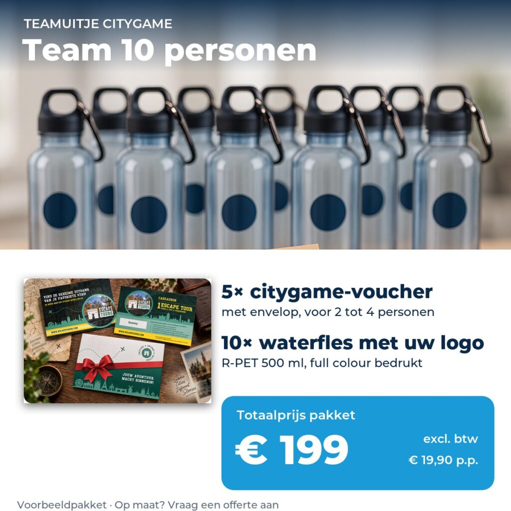 Teamuitje pakket voor 10 personen: 3 citygame-vouchers en 10 waterflessen met logo, € 199 excl. btw