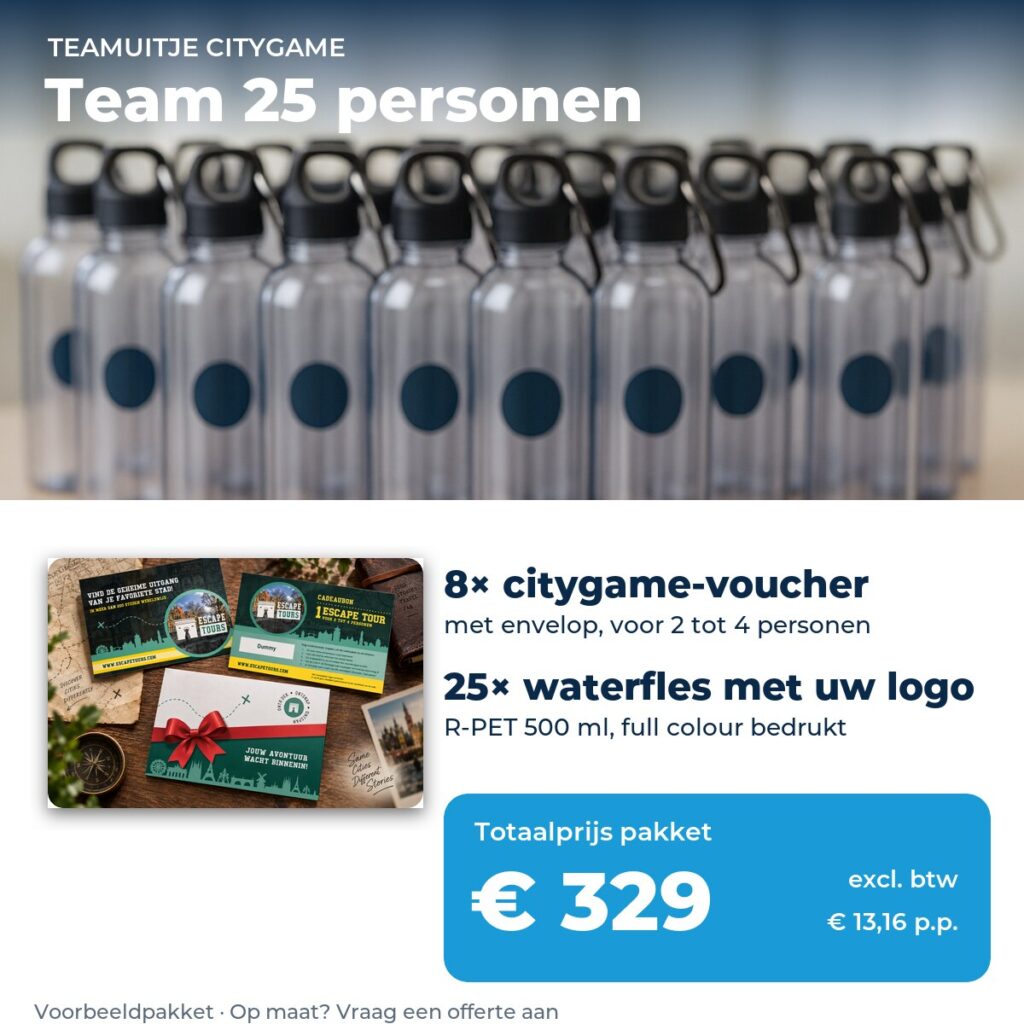Teamuitje pakket voor 25 personen: 7 citygame-vouchers en 25 waterflessen met logo, € 329 excl. btw