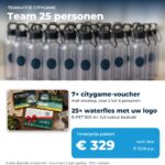 Teamuitje pakket voor 25 personen: 7 citygame-vouchers en 25 waterflessen met logo, € 329 excl. btw