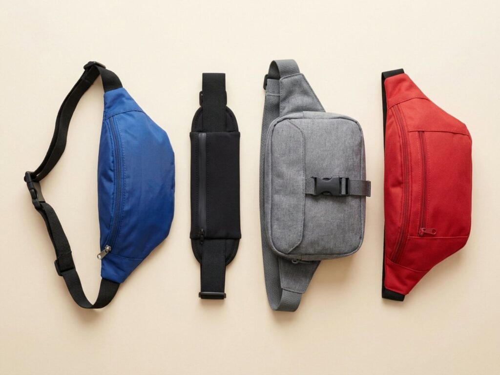 Bauchtaschen in verschiedenen Farben und ein Laufgürtel