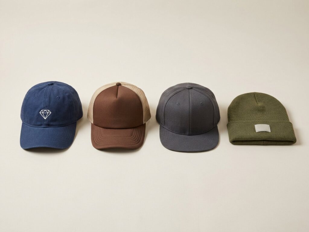 Basecap, Trucker Cap, Snapback und Beanie mit Patch nebeneinander