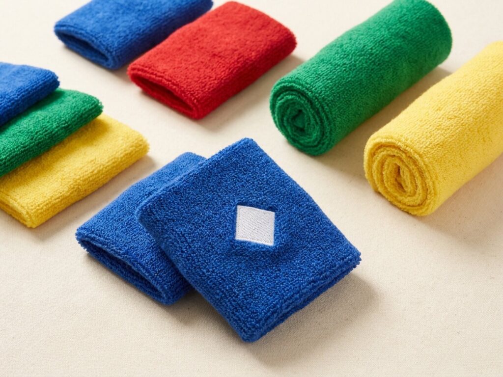Schweißbänder und Stirnbänder aus Frottee in mehreren Farben, eines mit Logofläche