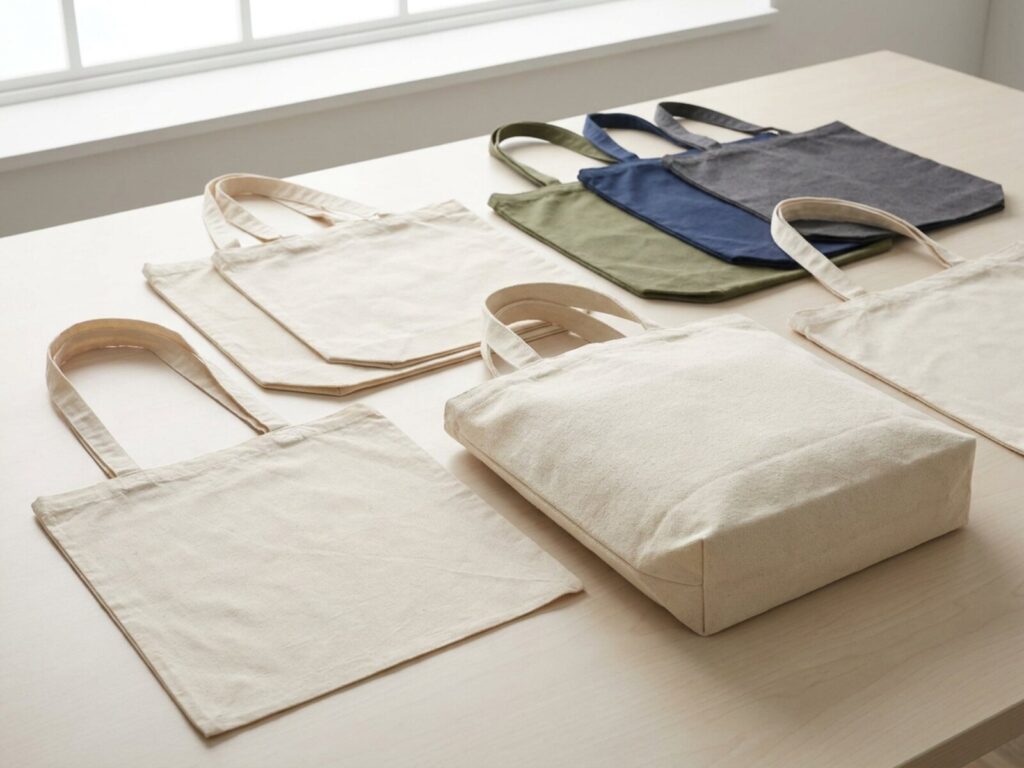Baumwolltaschen und Stoffbeutel mit langen und kurzen Henkeln in verschiedenen Farben