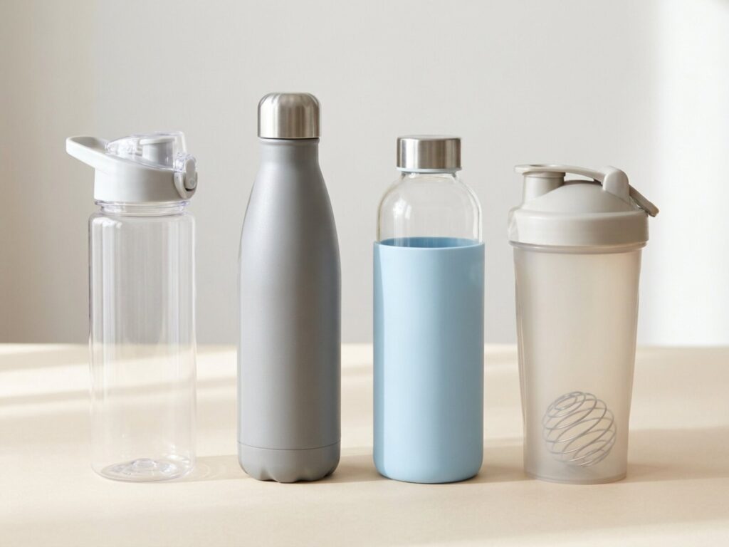 Trinkflaschen aus Kunststoff, Edelstahl und Glas sowie ein Shaker