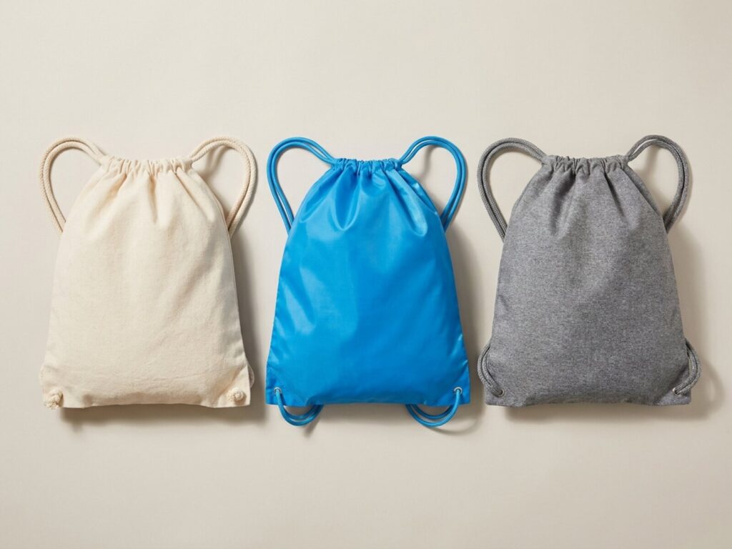 Drei Turnbeutel aus Baumwolle, Polyester und recyceltem Stoff
