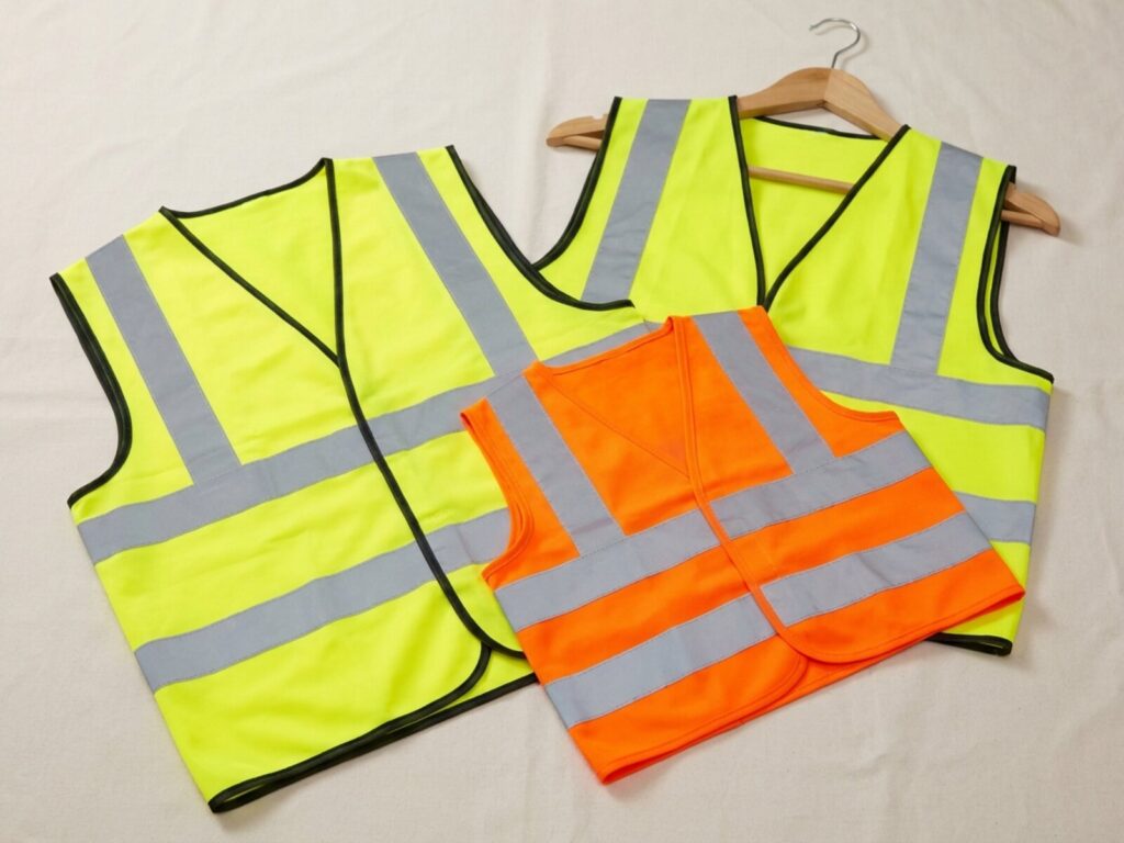 Gelbe Warnwesten und eine orange Kinderwarnweste mit Reflexstreifen